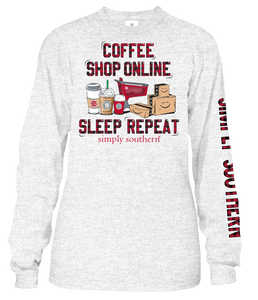 Simply Southern COFFEE SHOP ONLINE SLEEP REPEAT Long Sleeve T-Shirt