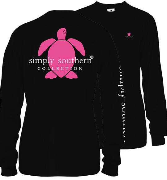 Simply Southern Logo Pink Turtle Black Long Sleeve T-Shirt